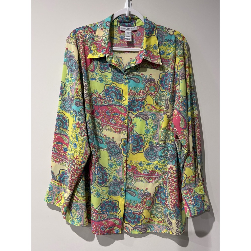 Sag Harbor Woman Multicolor Paisley Button Down Long Sleeve Blouse Size 1X